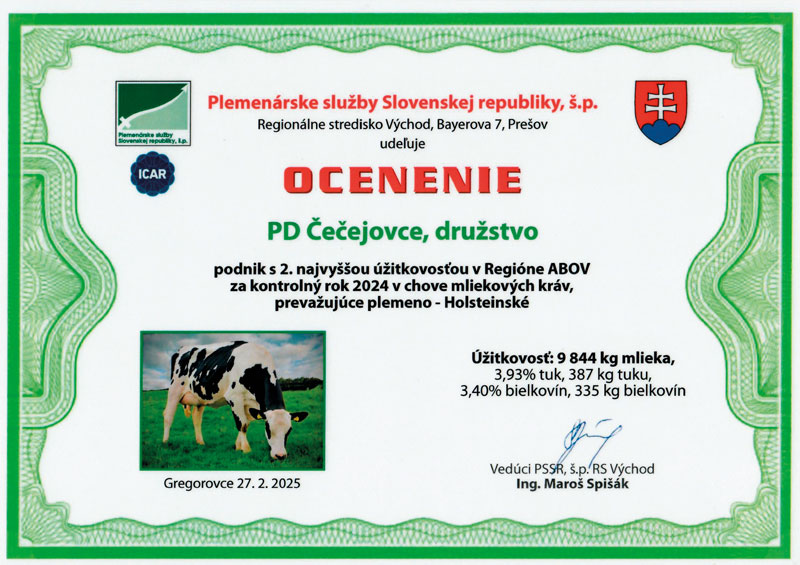 PD Čečejovce awarded for milk yield