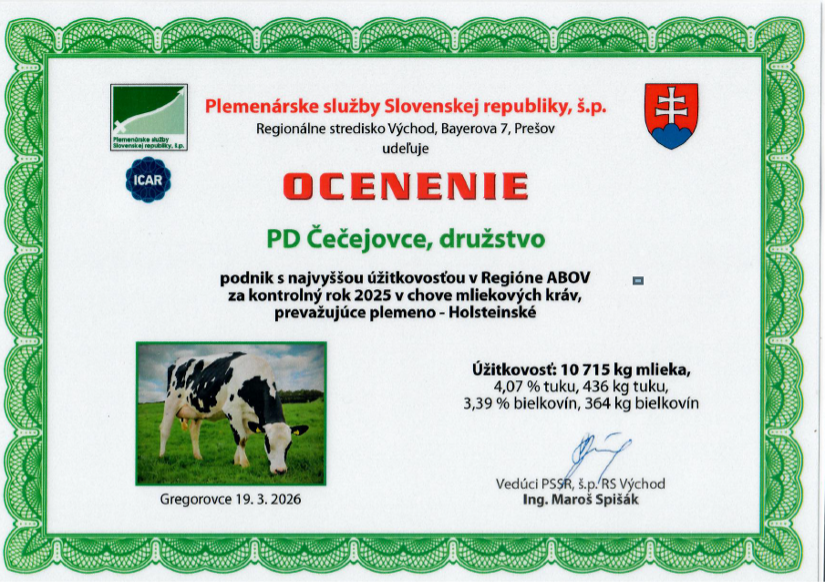 First Place for Highest Milk Yield in the Region